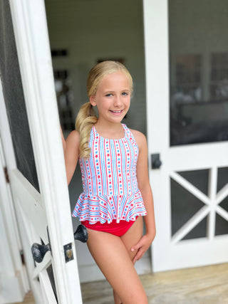 *PRE-ORDER* Collette Peplum Swimsuit - Patriotic Stars and Stripes