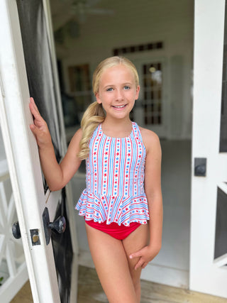 *PRE-ORDER* Collette Peplum Swimsuit - Patriotic Stars and Stripes