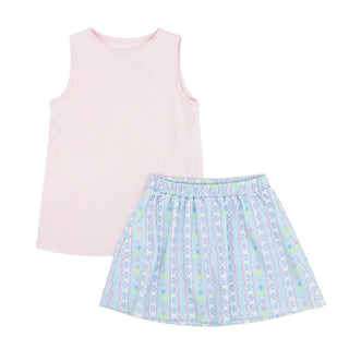 Sage Pima Knit Skirt Set - Blue Floral Scallop
