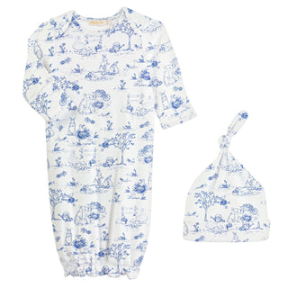 Printed Gown and Hat Set - Blue Bunny Toile