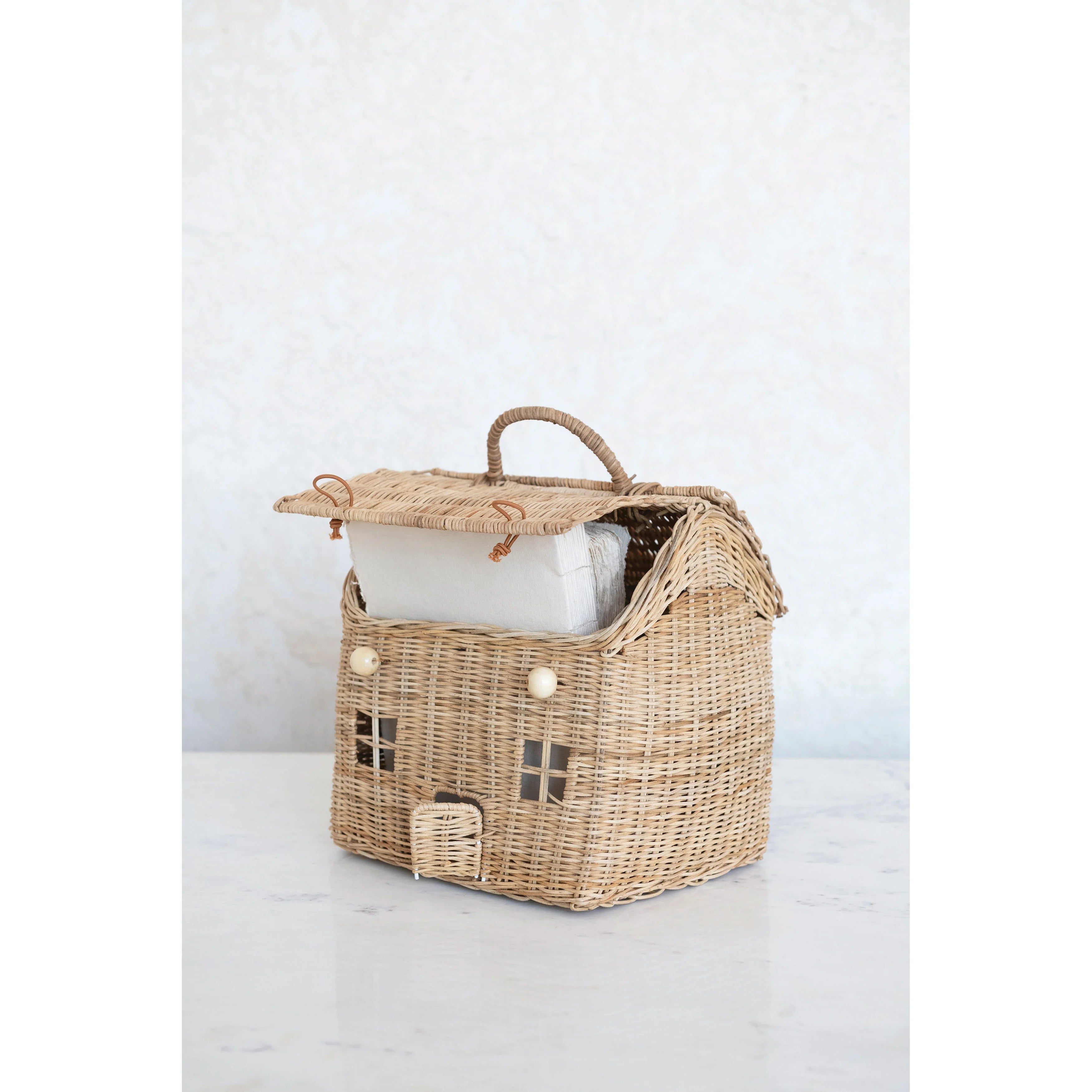 Rattan House Shaped Basket With Lid With Folding Handle For Picnics, Easter, Organizing, Storage | PH