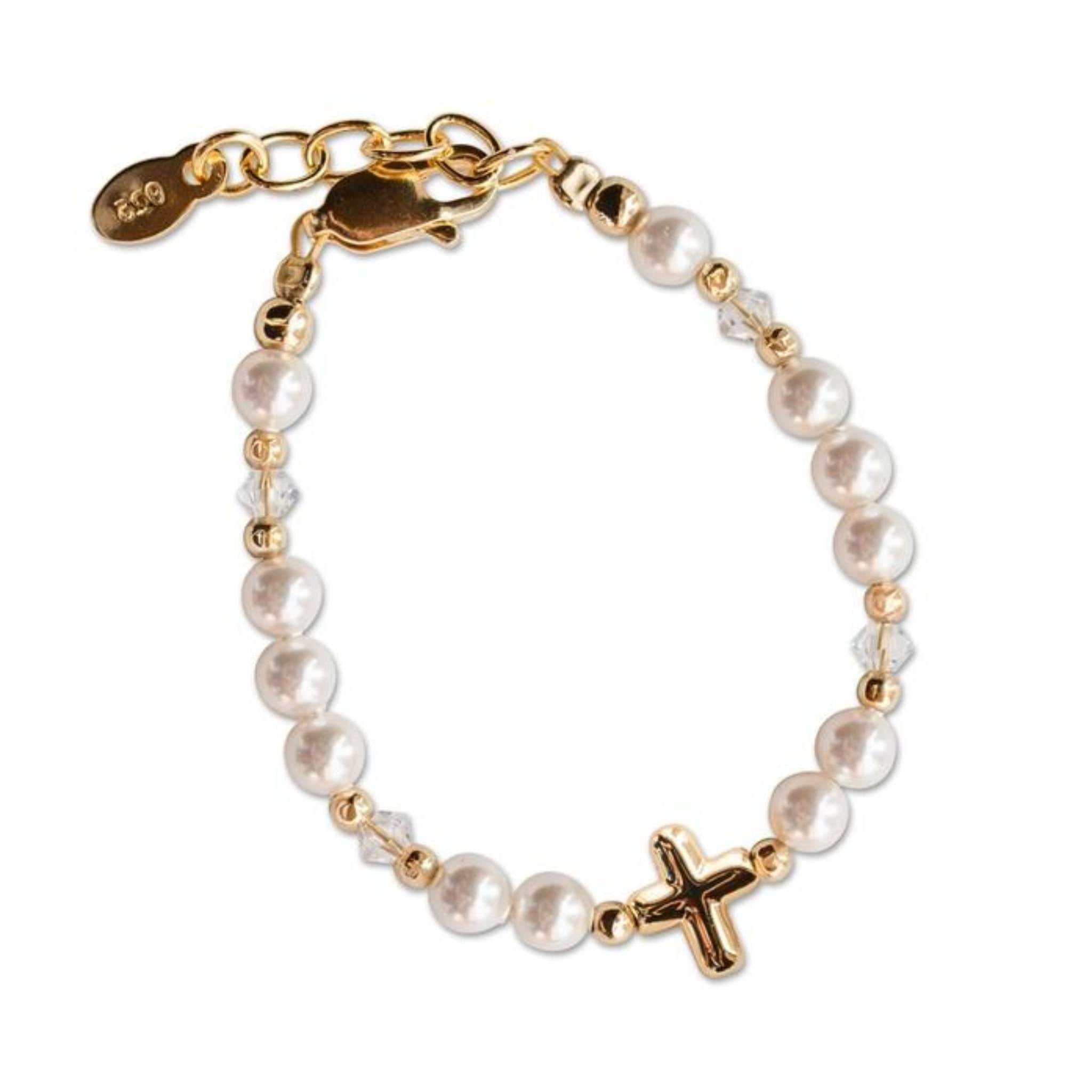 Baptism & Christening Infant Bracelet (Pearls w/Cross) - Pink Princess