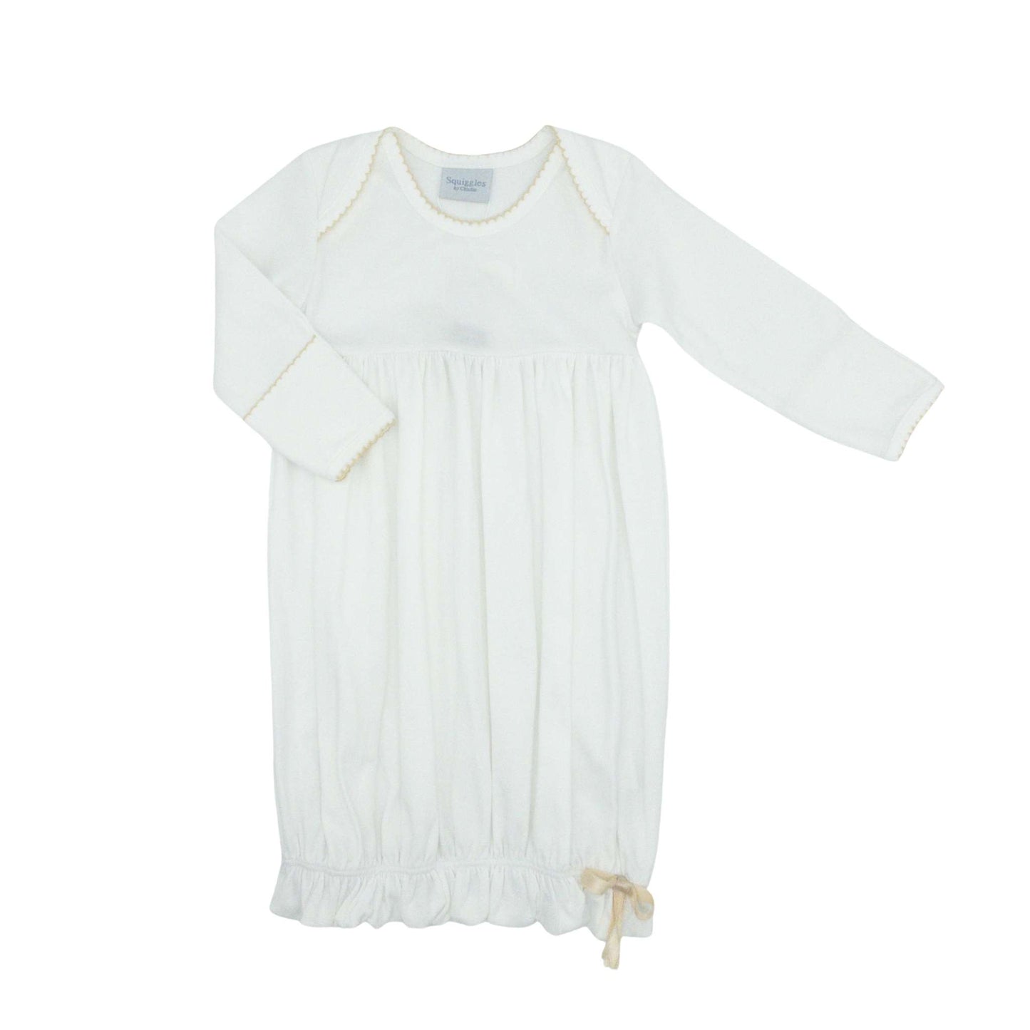 Pima Knit White Lap Shoulder Gown with Picot Trim