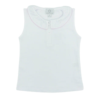 *PRE-ORDER* Sleeveless Pima Knit Shirt with Picot Trim - White with Pink