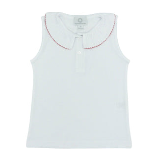 *PRE-ORDER* Sleeveless Pima Knit Shirt with Picot Trim - White with Red