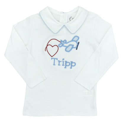 Plane with Heart Trail Appliqué with Name Monogram Design