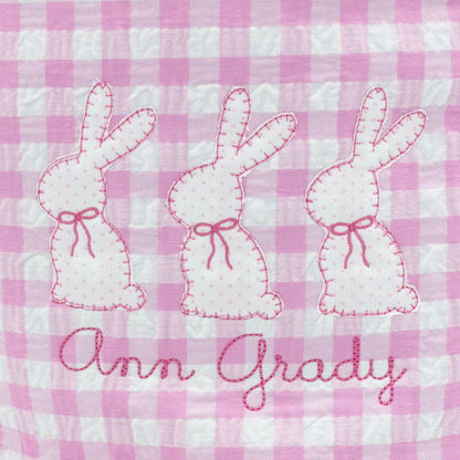 Bunny Trio with Bow Blanket Stitch Applique and Name Monogram Design