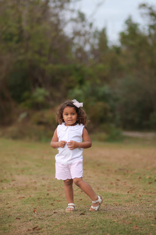 *PRE-ORDER* Sleeveless Pima Knit Shirt with Picot Trim - White with Pink