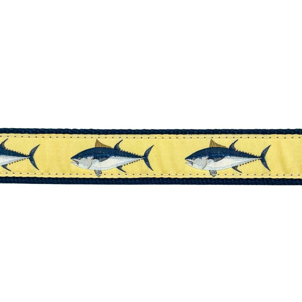 Embroidered Ribbon Belt - Tuna on Navy | Preston Leather – Tiny Town Inc
